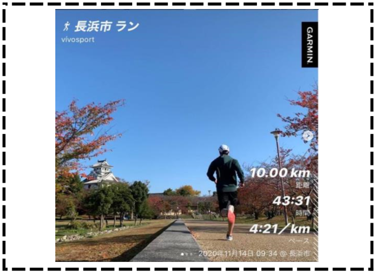 左前方に長浜城、並木道を走るランナーの後ろ姿の写真
