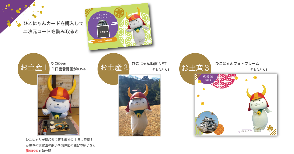 ひこにゃんカードを購入して二次元コードを読み取ると、ひこにゃん一日密着動画が見れる、ひこにゃん動画NFTがもらえる、ひこにゃんフォトフレームがもらえる