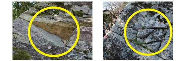 石垣がかけている部分の写真と、小さな石が詰められた部分の写真
