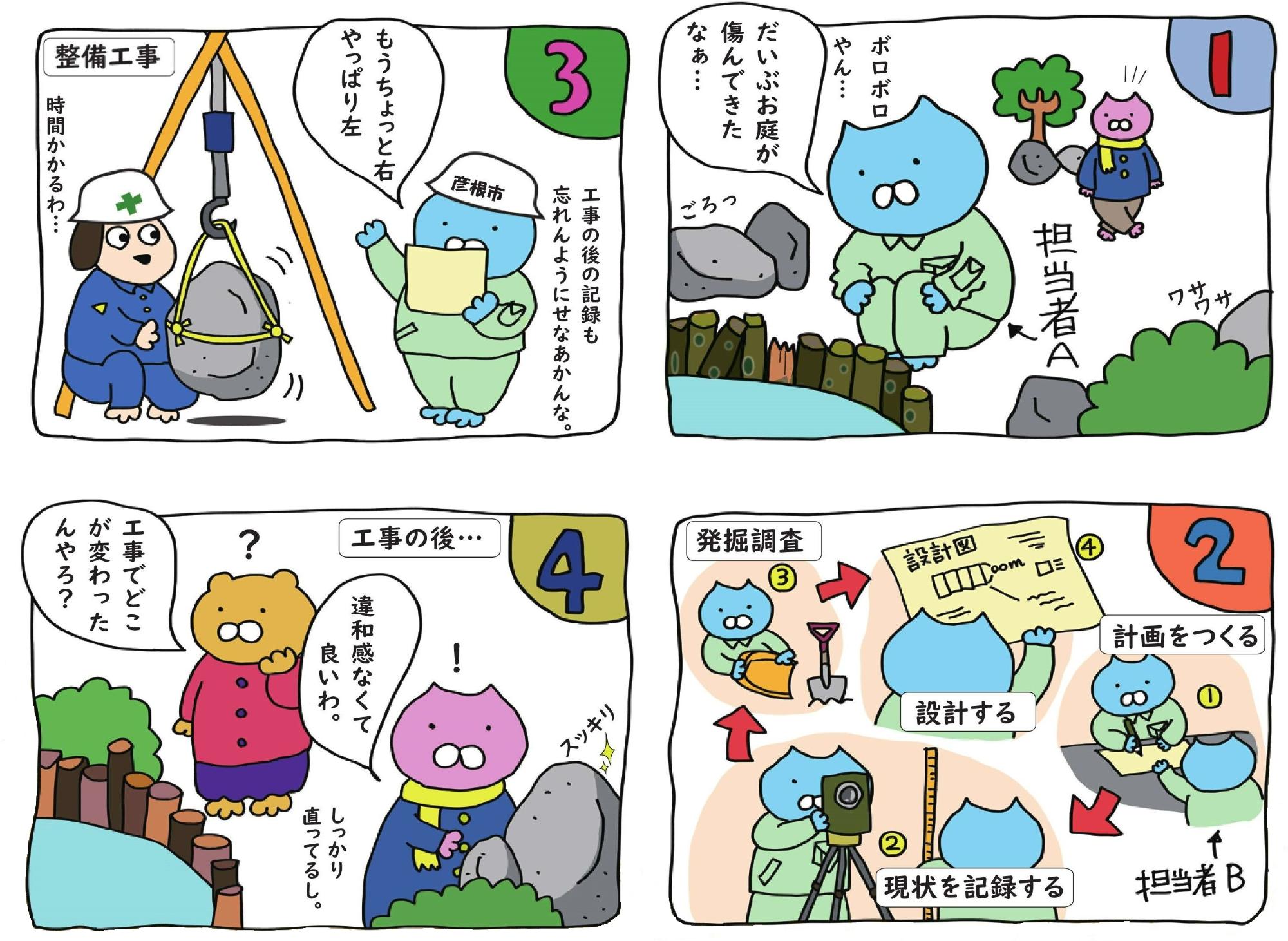 庭を修復している四コマ漫画