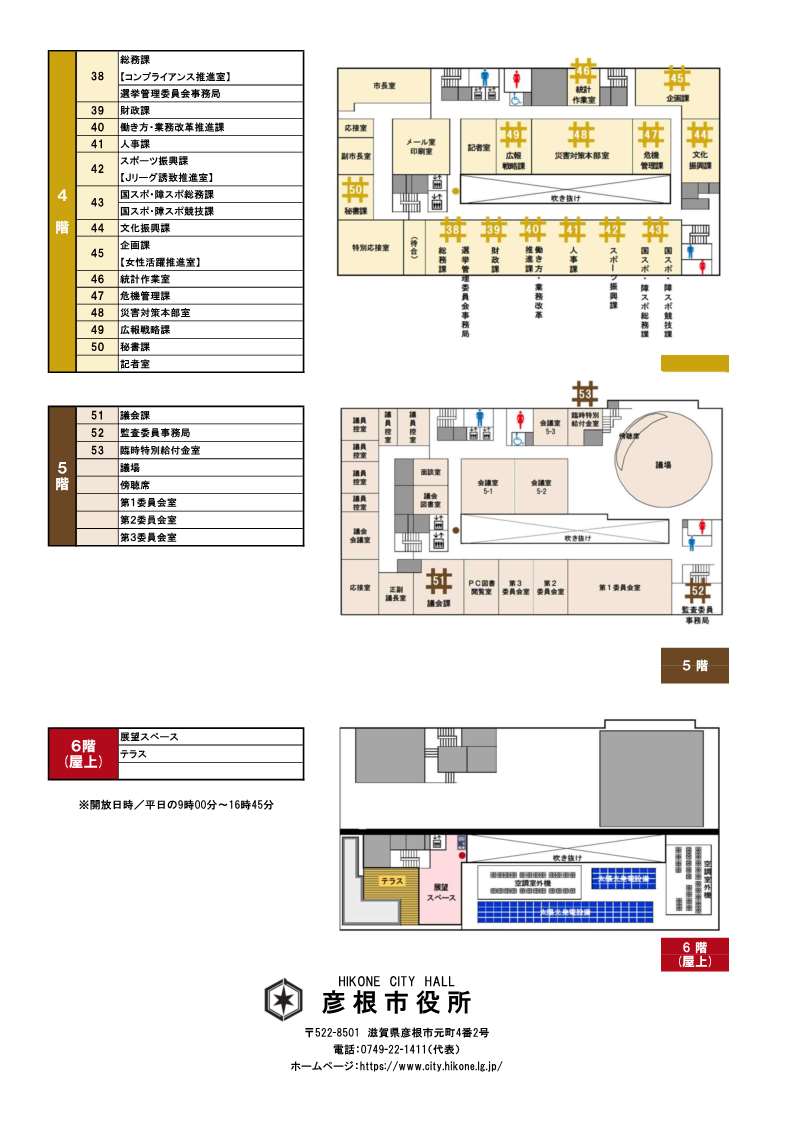 本庁舎フロア案内図(4階から屋上・令和7年4月1日現在)