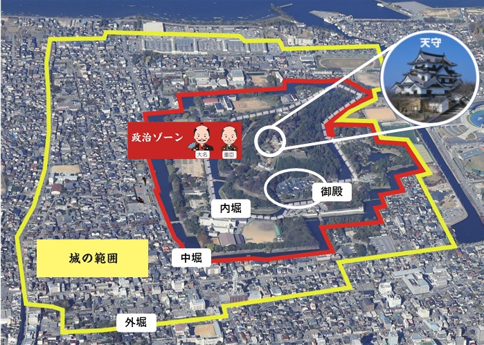 彦根城周辺の上空写真で、政治ゾーンと白の範囲を示したもの
