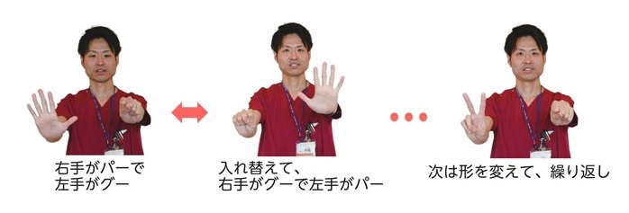 指の運動をやっている様子の写真。右手がパーで左手がグー、入れ替えて右手がグーで左手がパー、次は形を変えて繰り返し