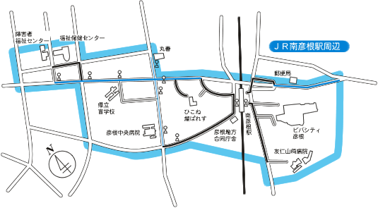 JR南彦根駅周辺の重点整備地区および特定経路を示した図