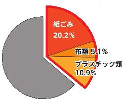 紙ごみ20.2%、布類5.1％、プラスチック類10.9%の円グラフ