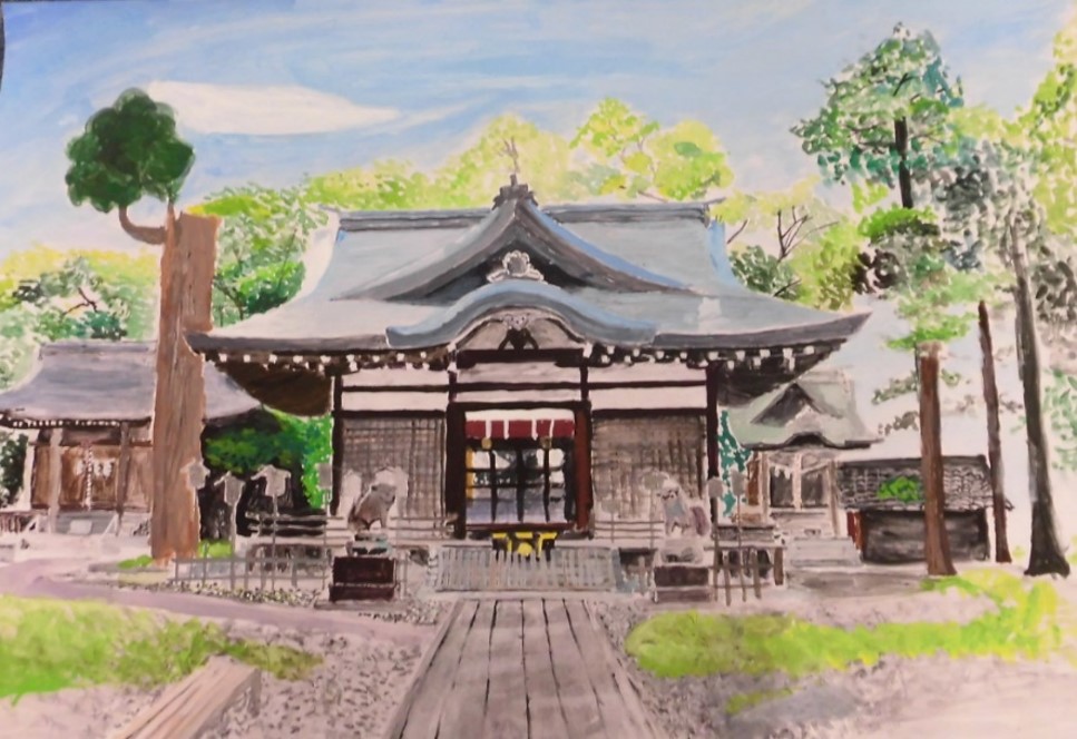 神社を正面から書いた絵