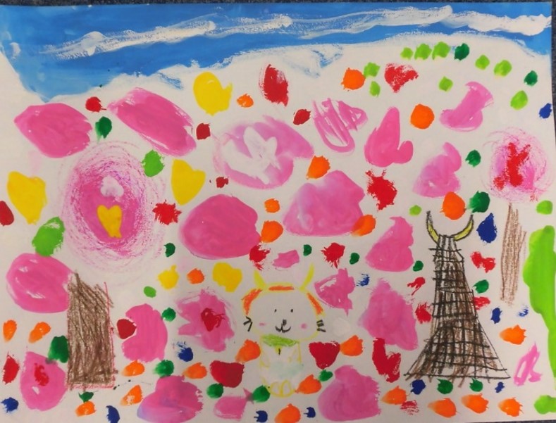 桜と彦根城とひこにゃんを書いた絵画