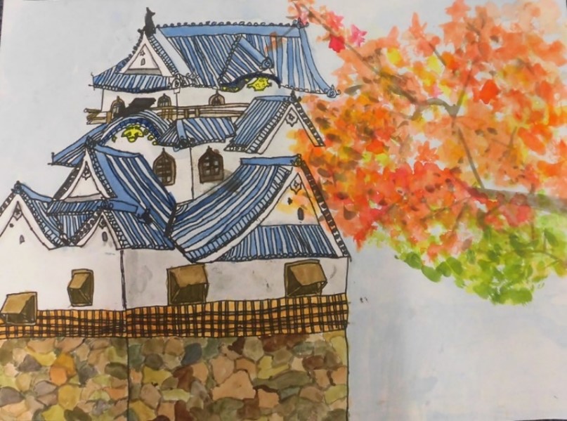 紅葉の彦根城を書いた絵画