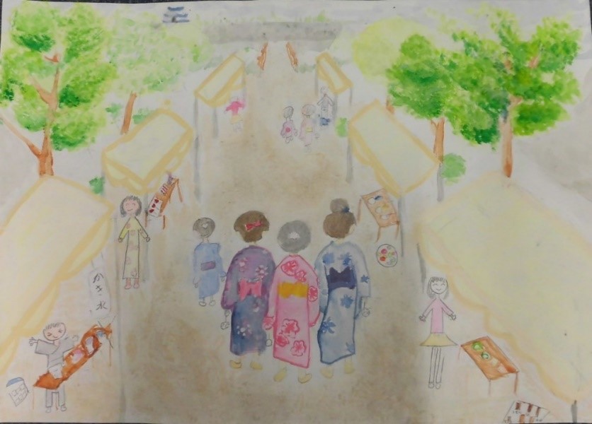 キャッスルロードと、中心を歩く3人の女性を描いた絵画