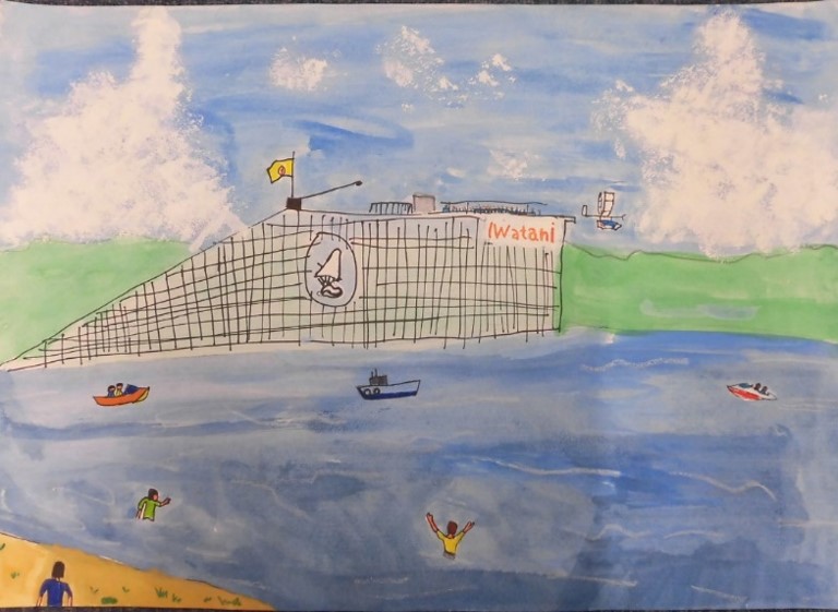 びわこと鳥人間コンテストの会場を書いた絵画