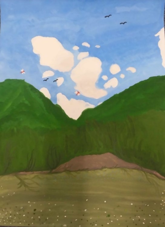 川の向こうに山があり、青い空に鳥などが飛んでいる絵画