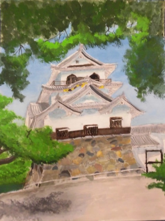 松の向こうに彦根城と青空がのぞく絵画