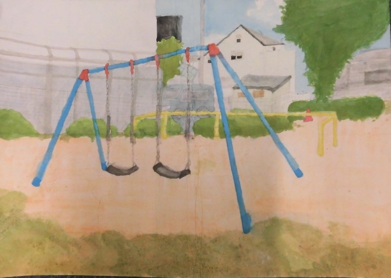 公園のブランコを中心に描いた絵画