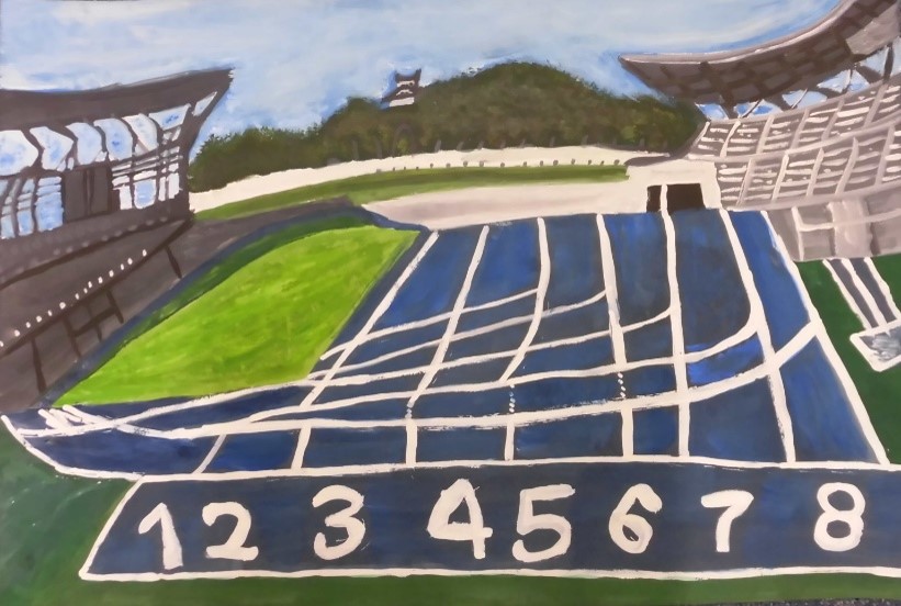 ハトスタジアムと、遠くに見える彦根城を書いた絵画