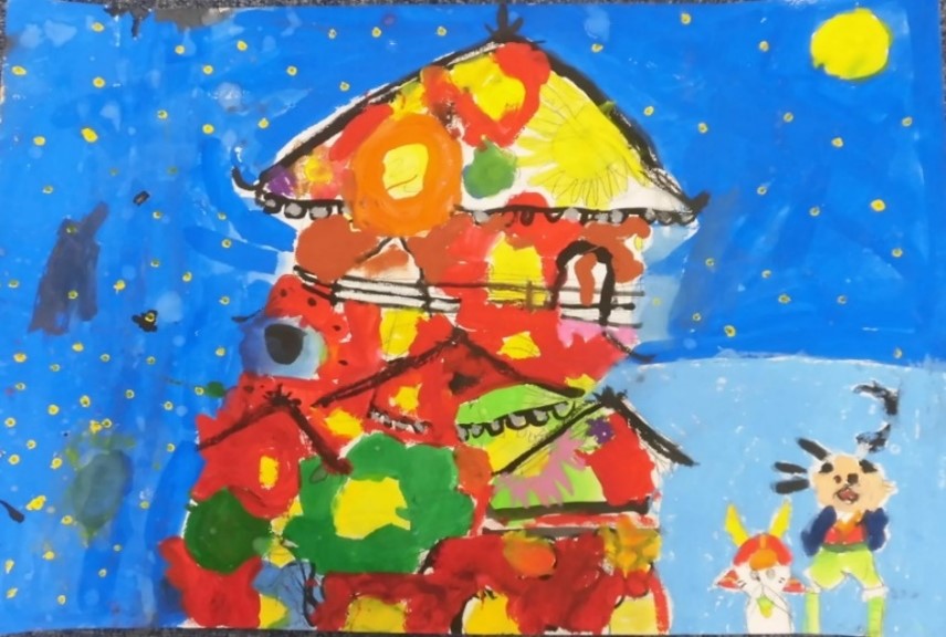 カラフルな彦根城とひこにゃんとお殿様の絵