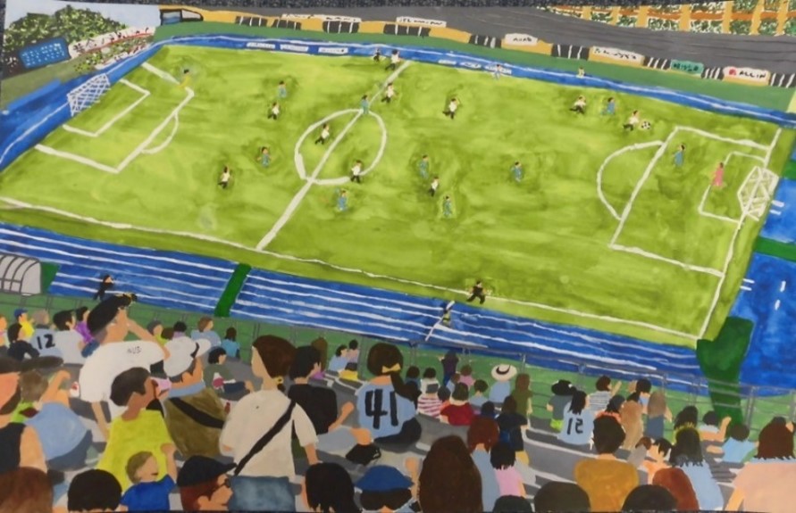 HATOスタジアムでレイラックの試合をしている様子の絵