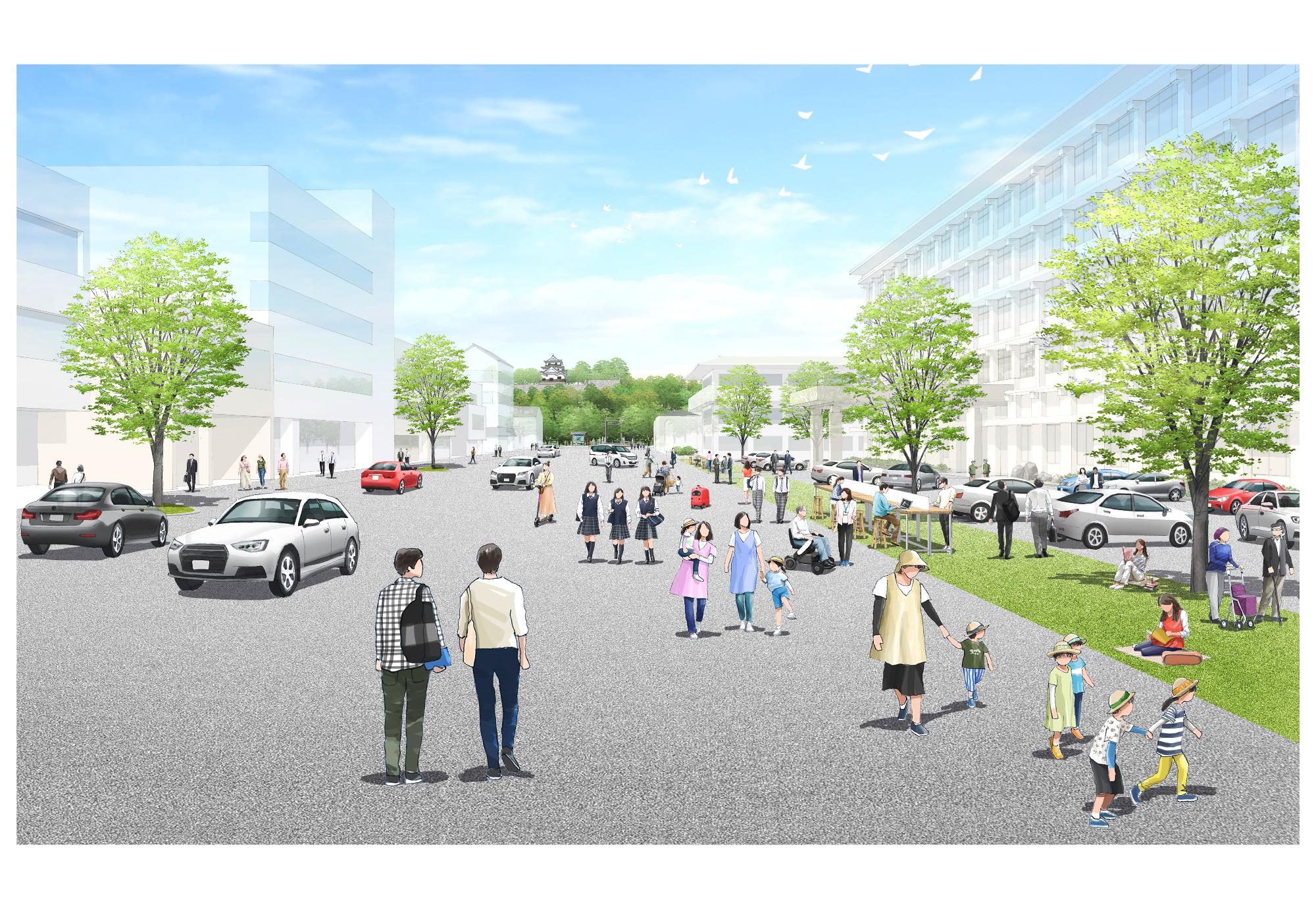 駅前お城通りが歩行者中心の道路になったイメージ画像