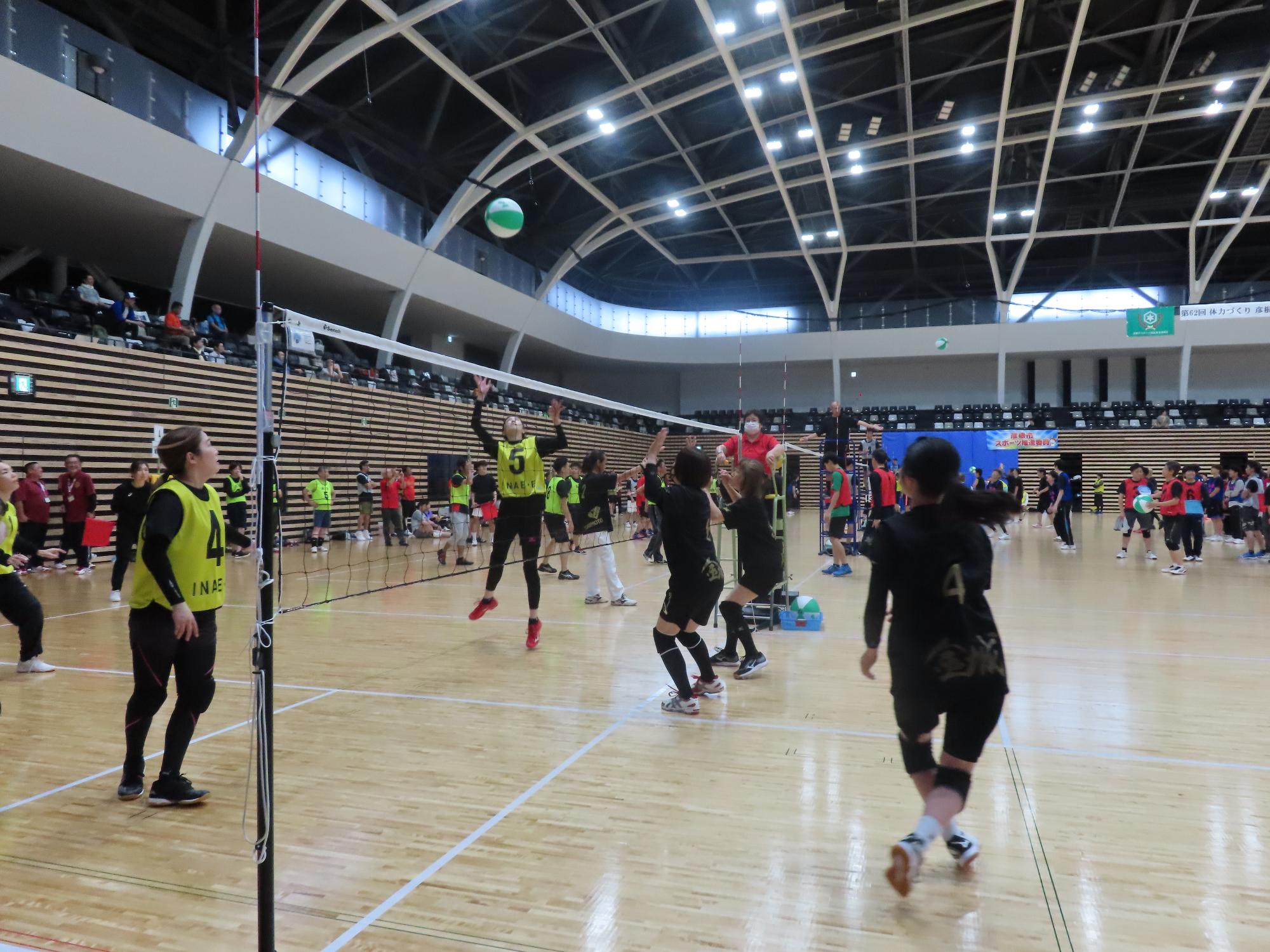 女子チームがビーチボールの試合をしている様子の写真