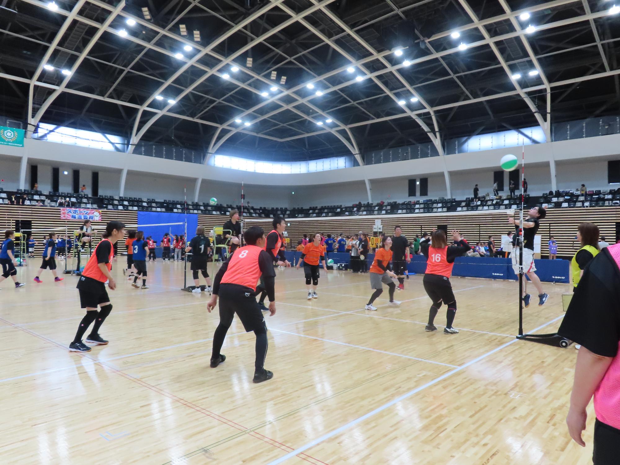 男女混合チームがビーチボールの試合をしている様子の写真