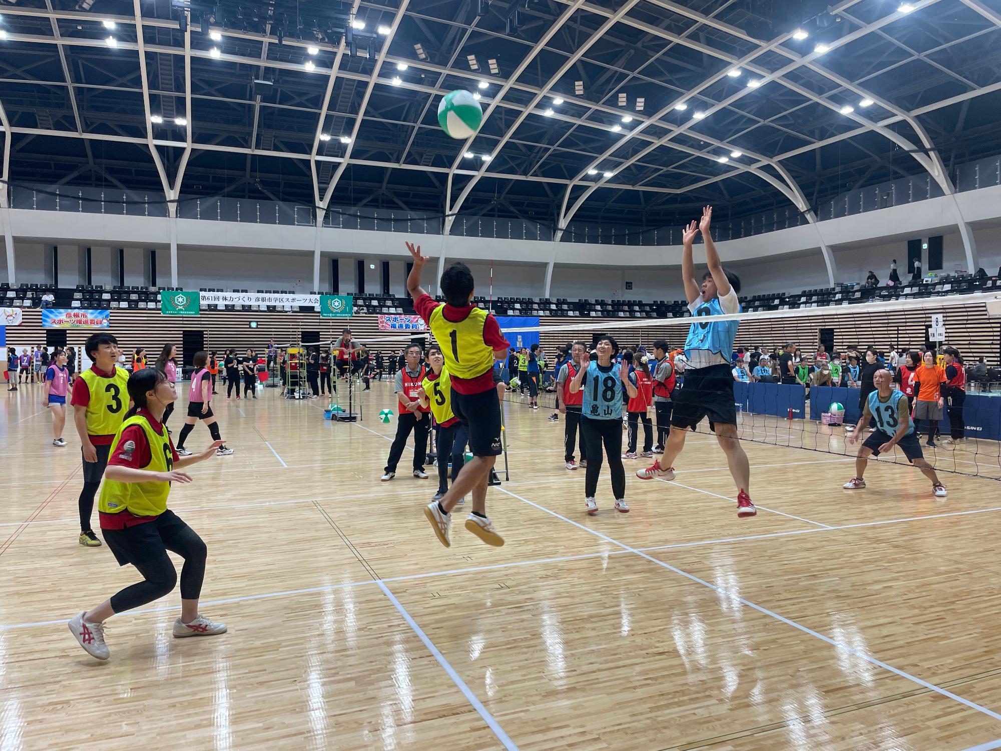 男女混合チームがビーチボールをしている様子の写真