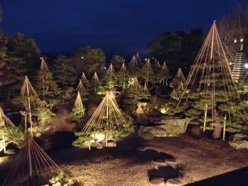 ライトアップされた慶雲館の本庭の写真