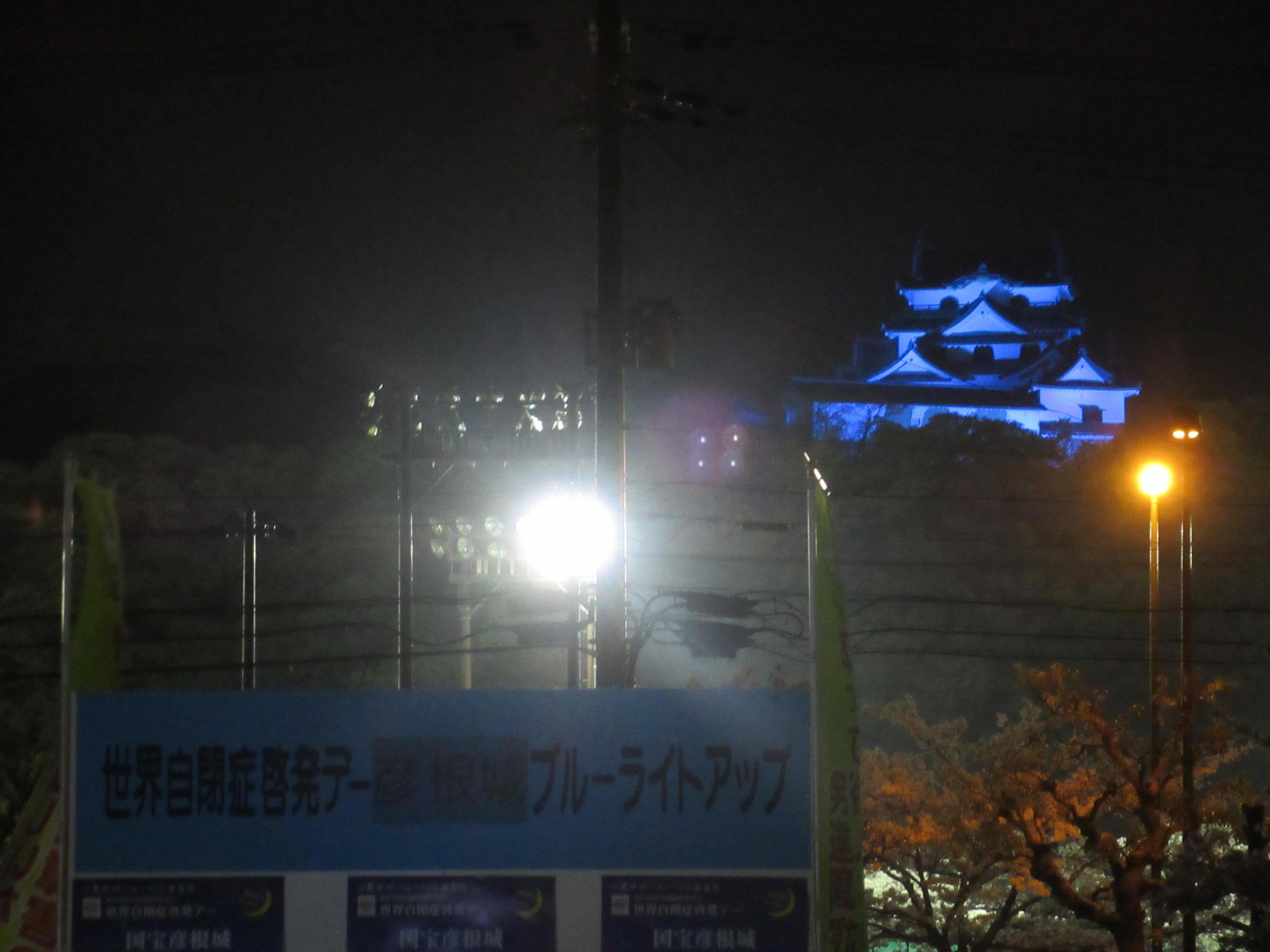 ブルーライトにライトアップされた彦根城の写真