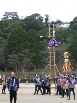 「彦根鳶梯子演技」で梯子の真ん中あたりで演武を行っている様子の写真
