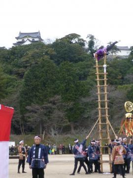 「彦根鳶梯子演技」で梯子の上で演武を行っている様子の写真