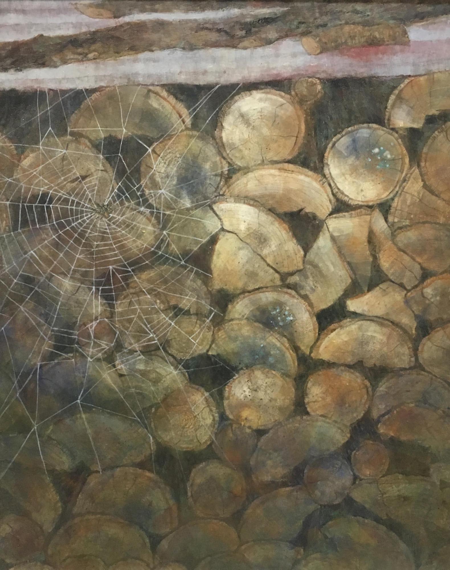 日本画部門無鑑査奨励賞受賞作品で薪が積まれている所に蜘蛛の巣が張っている様子を描いた作品の写真