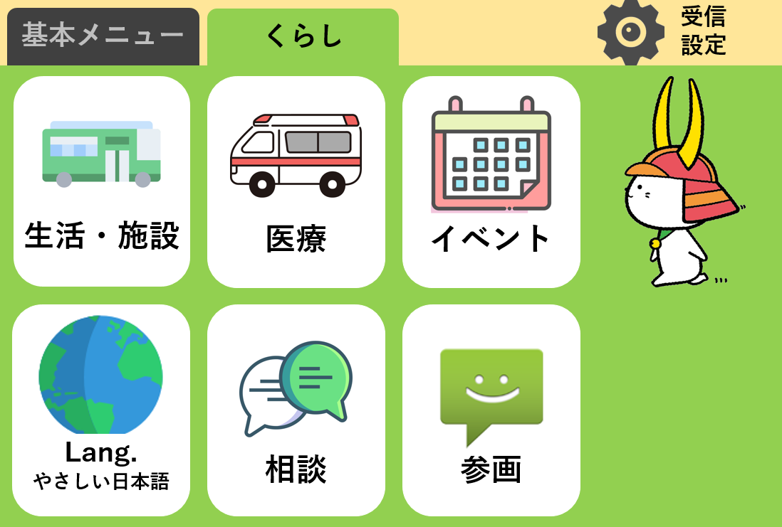 LINEくらしメニュー画像（生活・施設、医療、イベント、Language、相談、参画）
