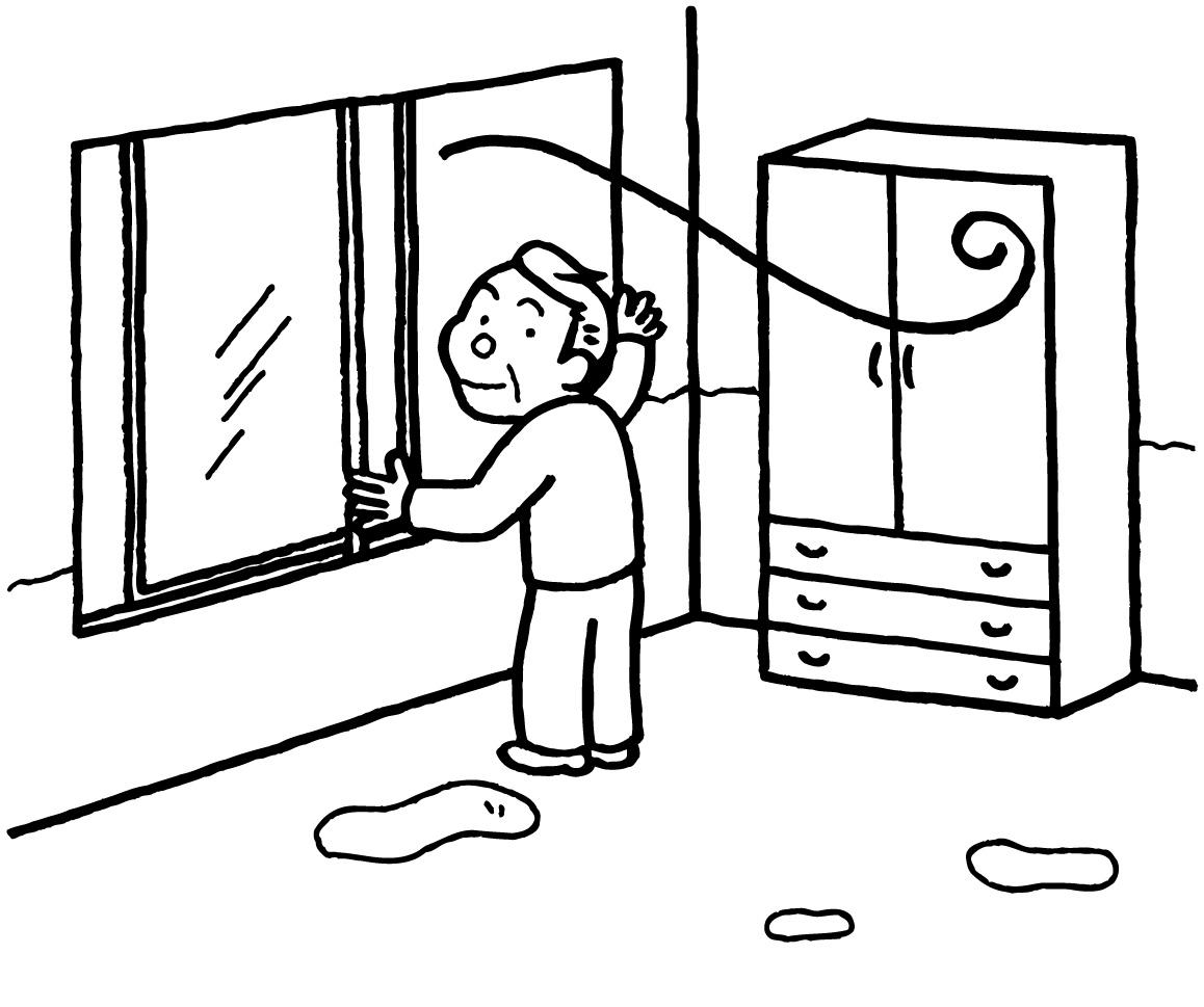 空き家の所有者である男性が、窓を開け換気をしているイラスト