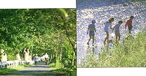 芹川で遊ぶ子供と川沿いの2枚の写真