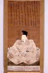 淡い小豆黄色の着物を着ている肥田城主の肖像画