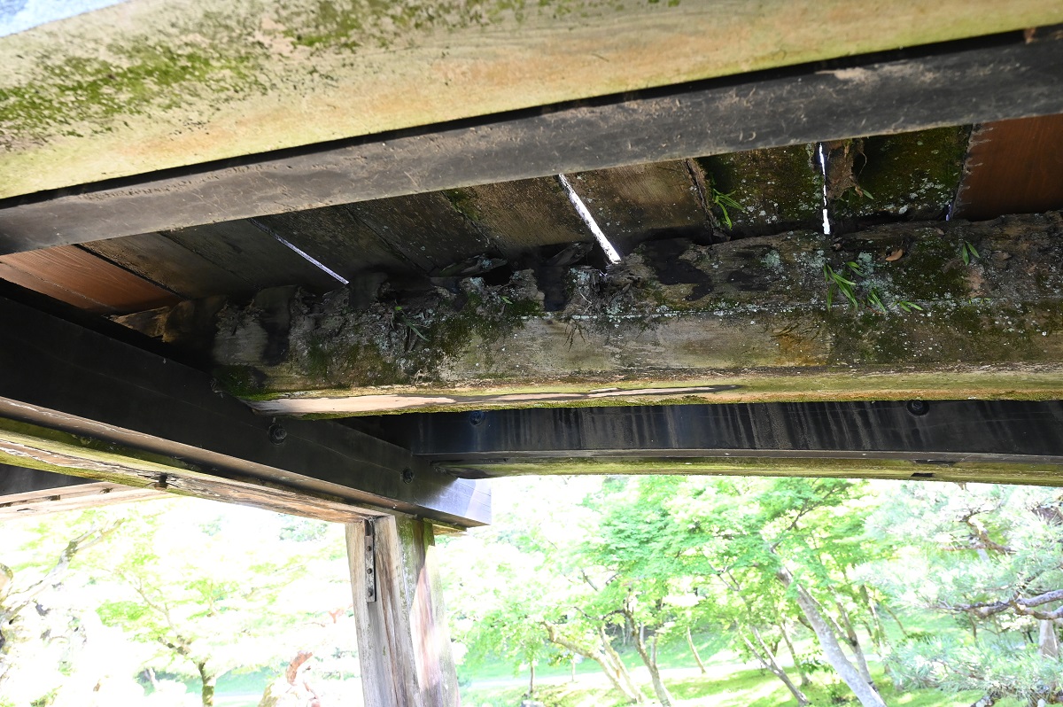 腐食が進んでいる敷板の裏側と桁の画像