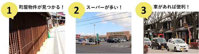 1.町や物件が見つかる！、2.が多い！、3.車があれば便利！