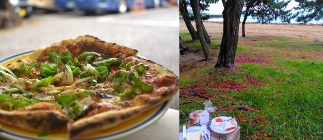 琵琶湖岸のそばにある緑地公園にてバーベキュー時に食べるピザの写真
