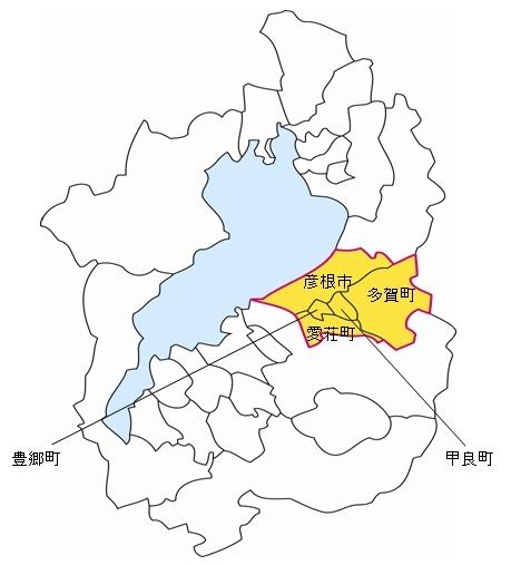 湖東圏域位置図イラスト(滋賀県地図で、圏域の範囲は彦根市、豊郷町、甲良町、愛荘町、多賀町）