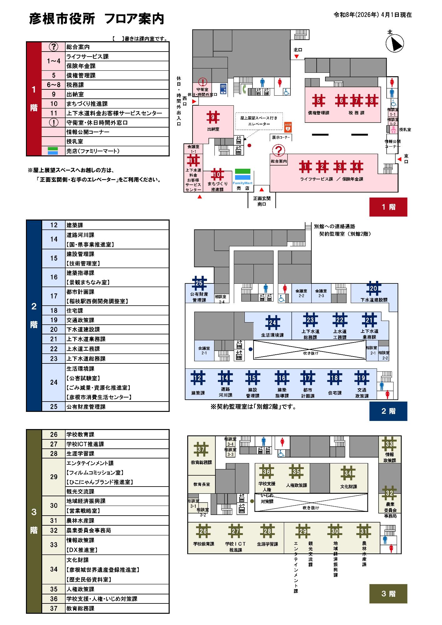 フロア案内図（本庁舎1階から3階）令和8年4月1日現在