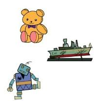 壊れたぬいぐるみ、プラモデル、ロボットのイラスト