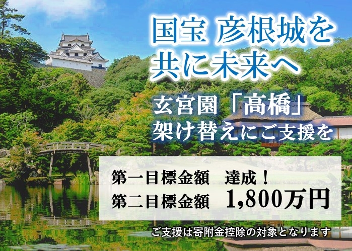 国宝彦根城を共に未来へ。玄宮園「高橋」架け替えにご支援を。第一目標金額達成。第二目標金額は1800万円。ご支援は寄付金控除の対象です。詳細はクリック