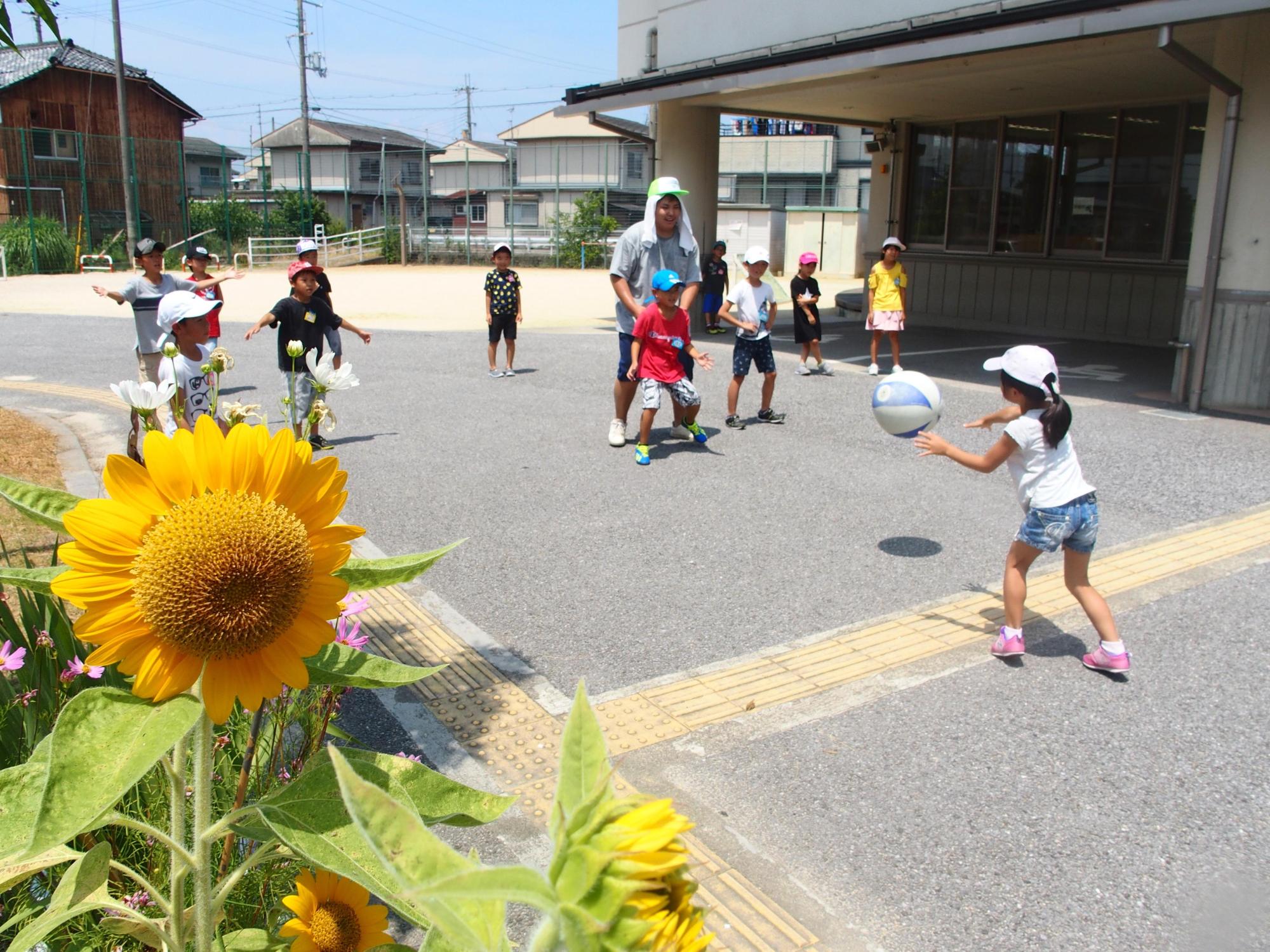 自由時間に青年指導員と子どもたちが屋外でドッチボールをしている写真