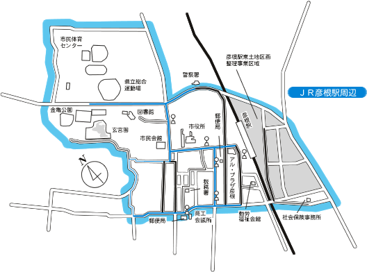 JR彦根駅周辺の重点整備地区および特定経路を示した図
