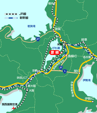 滋賀県全域とその周辺のJR線と新幹線の路線図