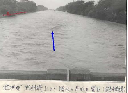 当時の洪水被害（池州町・池州橋より下流）の写真