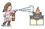 消火器で鍋の火を消そうとしているイラスト